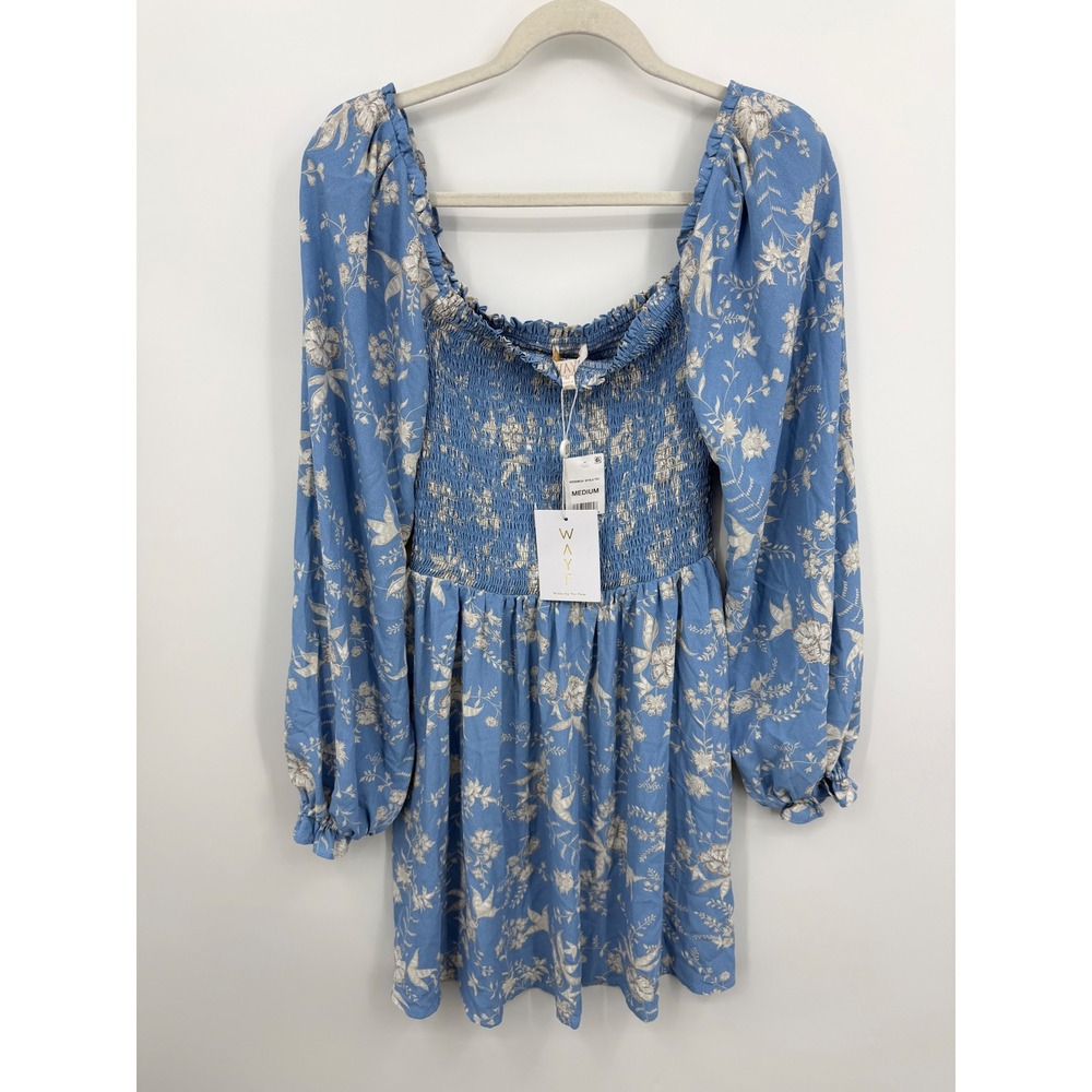WAYF Roswell Sky Blue Toile Dress Womens M Blue Smocked Floral Puff Sleeve Mini